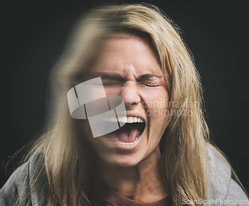 Image of Mental health, bipolar woman shout and double exposure in dark studio for psychology mock up. Angry, frustrated and anxiety schizophrenia girl with trauma, depression or fear scream on black mockup