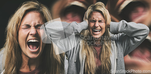 Image of Woman, scream and anxiety with stress, anger and pain on face. Girl, angry and burnout with depression, fear and frustrated for mental health with mouth open to cry, for help with emotion or grief