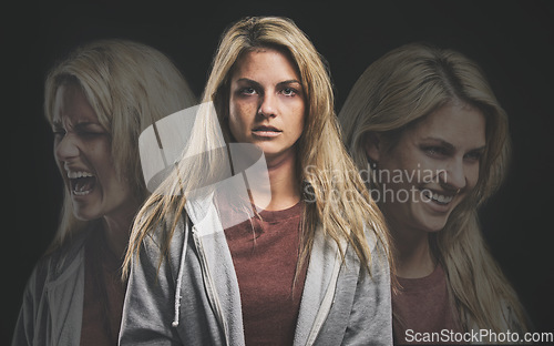 Image of Horror, crazy or bipolar woman in double exposure on dark studio for psychology and mental health mockup. Schizophrenia girl with anxiety, depression or personality disorder problem in face portrait