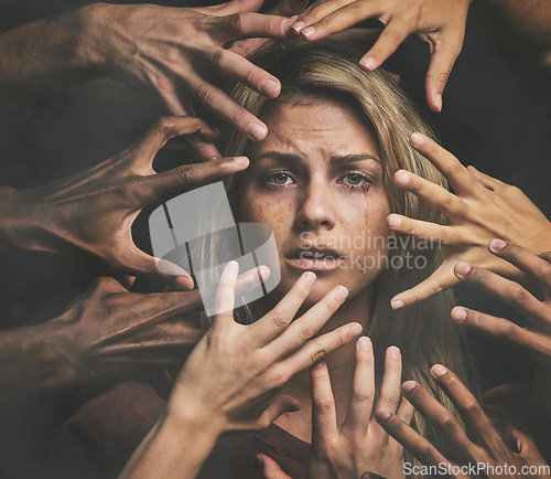 Image of Hands, fear and sad woman with abuse, violence and crying with mental health, scared and anxiety. Portrait of woman with pain, rape and depression of toxic relationship, social conflict and depressed