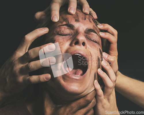 Image of Face, hands and anxiety schizophrenia woman crying, pain and sad suffering from mental health depression, bipolar and stress. Trauma, problems and depressed girl screaming, scared and shout for help