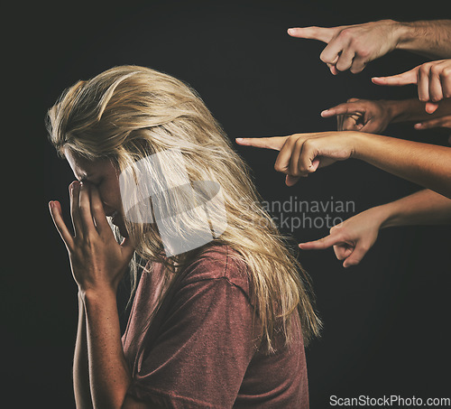 Image of People judge depressed young woman, fear social anxiety and mental health burnout with fingers point at sad girl. Stressed person frustrated, emotional headache from failure and social bullying