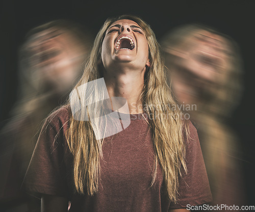 Image of Horror, anxiety or bipolar woman shout in double exposure on a dark studio for psychology and mental health. Angry, schizophrenia or depressed frustrated girl with depression, fear and trauma mockup