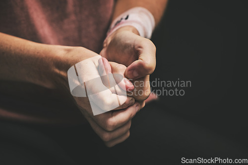 Image of Woman with anxiety, hands scratch skin and stressed self harm picking mental health disorder. Nervous sad person with adhd or depression, stressed fear alone and depressed wound on black background