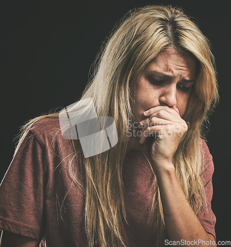 Image of Woman with anxiety, stress and depression or other mental health problems or issues. Therapy, psychological counseling to prevent drug overdose and manage emotional wellbeing of addictive personality