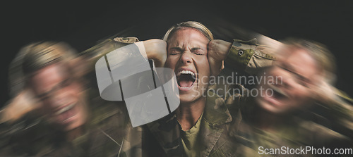 Image of Anxiety, scream and bipolar woman, scared and shouting on dark studio for psychology, horror hallucination and mental health. Crazy, schizophrenia or frustrated girl with depression, fear and trauma