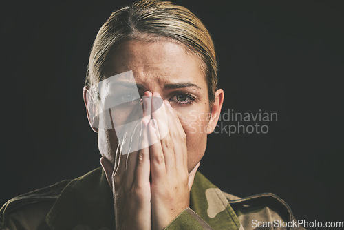 Image of Anxiety, ptsd and military woman face with hands with fear, trauma or depression for psychology help or mental health problem. Army soldier person portrait in shock on a dark studio background mockup