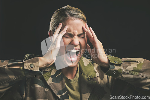 Image of Ptsd, war and mental health with woman soldier suffering from trauma and flashback in a dark studio, stress and anxiety. Psychology, depression and military survivor experience paranoid psychosis