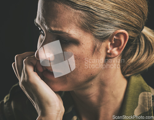 Image of Military, stress and anxiety with woman soldier suffering with ptsd from war with mental health, depression and sad. Insomnia, army and fear with girl and thinking about pain, mistake and trauma