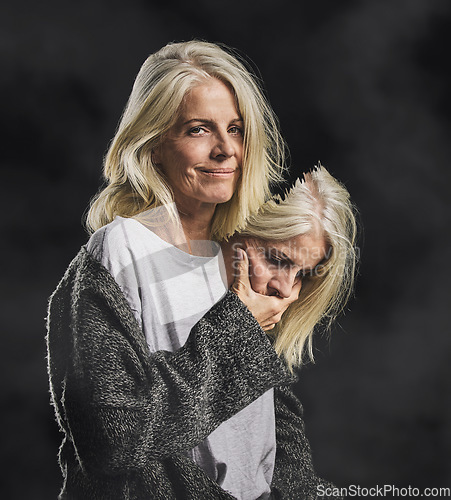Image of Depression, bipolar mask and woman with mental health problem against a black mockup studio background. Face portrait of a mature person with facade with fear, angry and depressed about anxiety