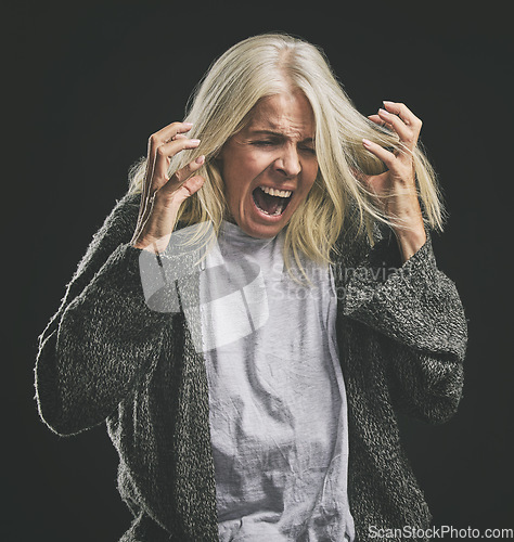 Image of Frustrated, angry scream of elderly woman with mental health issue in retirement with mock up. Rage of senior lady suffering with anger, ptsd and depression problem in old age shouting.