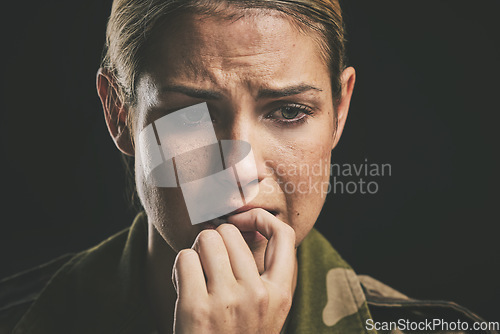 Image of Soldier, anxiety and depression bite nails on hand to help with nerves in closeup with black background. Woman, mental health and stress from army with mind of fear, panic and ptsd from military work