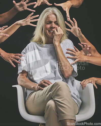 Image of Hands reaching for scared woman, anxiety and mental health horror, fear and psychology on scary dark background. Crying, sad and depression of bipolar, crazy and insomnia person schizophrenia problem