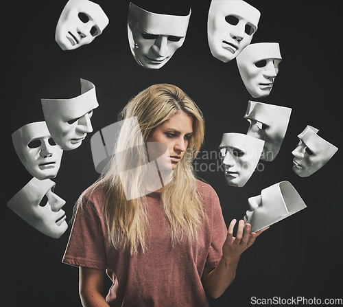 Image of Bipolar masks, woman with mental health problems, psychologist or therapist and medication help. Anxiety, depression and schizophrenia need therapy or chemical help from prescription pills or drugs