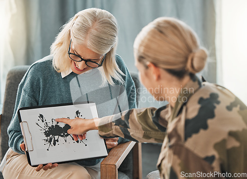 Image of Psychologist, military soldier or Rorschach test on clipboard documents for war trauma, ptsd or anxiety. Inkblot for army woman mental health, depression or burnout counseling with abstract art paper