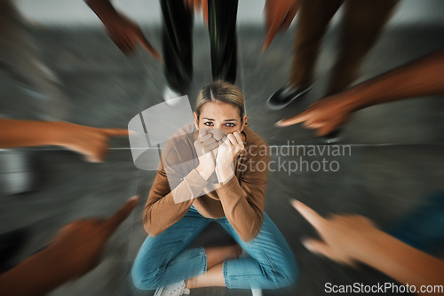 Image of Fear, bullying and hands pointing at girl scared, sad and crying for help from stress, depression and group circle. Judge, anxiety and woman suffering from crowd blame, trauma or emotional pain