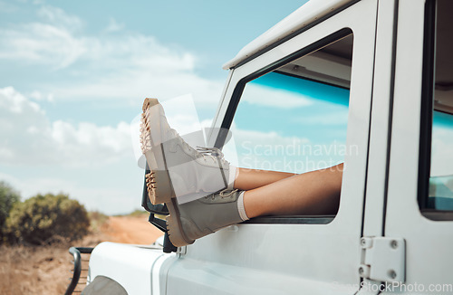 Image of Travel, roadtrip and feet out window of a car, mockup for adventure, freedom and nature trip. Summer, travelling and young woman with shoes out of car window on vacation, explore and natural holiday