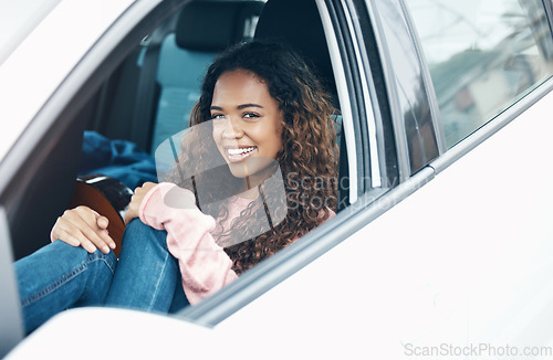 Image of Black woman, car and window smile for road trip, drive or transport. Girl, vehicle and happy for adventure on travel, vacation or drive on road, street or highway for happiness, freedom and relax