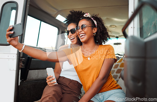 Image of Travel, phone and selfie with friends in car for road trip adventure on Miami vacation for summer, transportation and social media. Happy, smile and holiday with women for internet post and youth