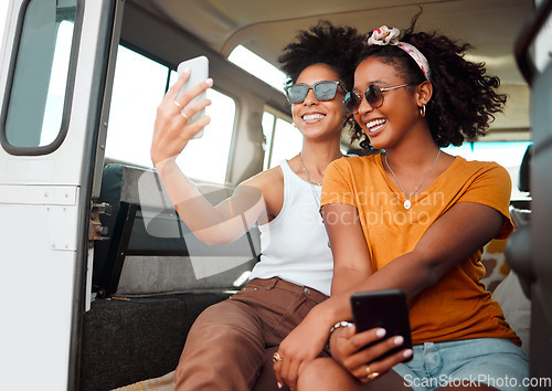 Image of Selfie, road trip and friends live streaming on social media with phone during travel holiday in a van in Jamaica. African women with photo on mobile on vacation in car for camping in summer together