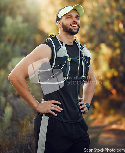 Image of Man, hiking and proud on mountain for break, breathe or rest in workout, fitness and run. Runner, hiker and relax tired body in training, sports and health on adventure in summer in Australia nature