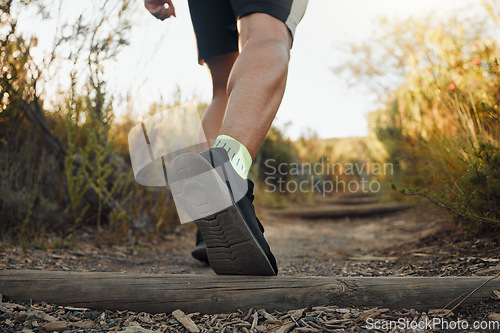 Image of Legs, shoes or runner on nature path for cardio exercise, sports workout or marathon training on outdoor countryside. Fitness, motivation or wellness for walking man on freedom travel for body health