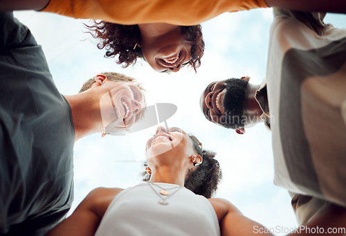 Image of Friends, diversity and happy in circle with head for comic, joke or funny time together below. Group, people and smile with happiness on face on vacation, holiday or travel with sky outdoor in Miami