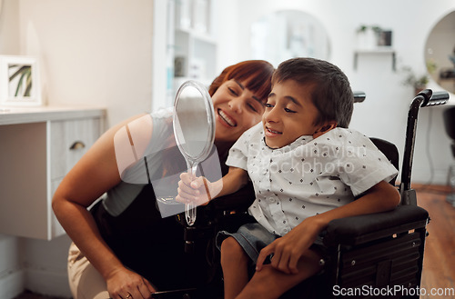 Image of Woman, child disability and mirror in salon for self love happy with service after barber, hairdresser or stylist cuts hair. Disabled, cerebral palsy and handicap or special needs boy in wheelchair.