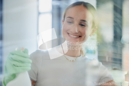 Image of Smile, home and woman cleaning window, housework or washing shower cabin. Hygiene, glass and happy female from Canada in rubber gloves, scrub and spring cleaning, sanitize for germ free living space.