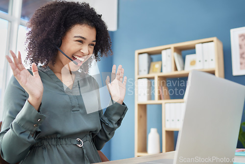 Image of Winner, black woman and call center success excited, smile and happy with laptop in webinar or video call. Employee, work from home and in online meeting or help customer or celebrate project outcome