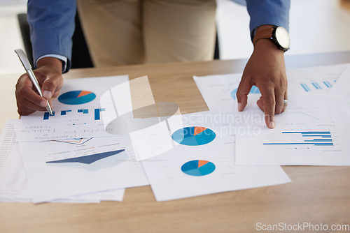 Image of Businessman hands, paperwork graphs and planning annual report, data analyst research and office budget. Closeup chart documents, strategy and analytics progress, financial economy and stats review