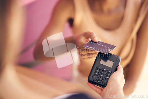 Image of Credit card, retail customer and rfid payment at cashier, store service and point of sale machine. Worker hands process finance, money and shopping, cash register and fintech pos in coffee shop cafe