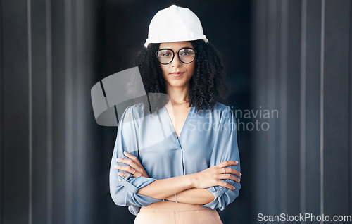 Image of Architecture, engineering and black woman leader portrait at construction site, industrial building or property development. Pride, vision and motivation of female contractor manager in safety helmet