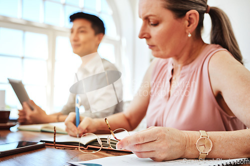 Image of Business woman, focus and planning in meeting in office and workplace writing notes for collaboration project. Team, female and mature lady with ideas, inspired or brainstorming strategy at workspace