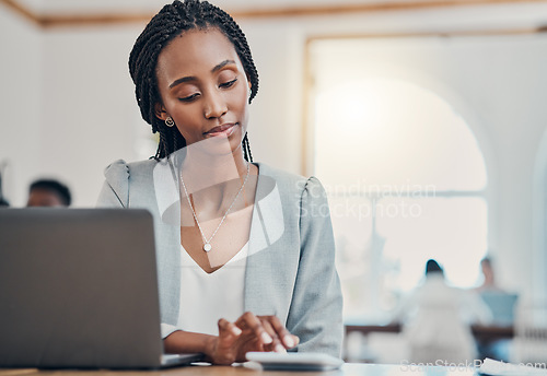 Image of Financial advisor, corporate accountant and african woman in office. Budget planning, online bookkeeping report and 5g internet technology banking, professional loan and investment consultant