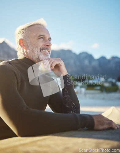 Image of Surf, happy and surfboard mature man at beach for fitness and adventure on summer tropical Hawaii vacation. Sport person, retirement and healthy lifestyle motivation, surfing and water sport in sun.