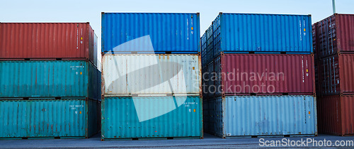 Image of Industrial container cargo port, commercial trade and or international export and outdoor warehouse. Commercial logistics, industry inventory and global supply chain shipping management factory