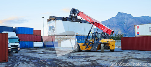 Image of Forklift, shipping logistics and manufacturing container warehouse, cargo industry and industrial factory stock in South Africa. Supply chain production, freight crane and global export distribution