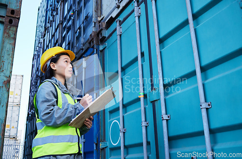 Image of Storage shipping container, cargo worker and logistic woman employee with data. Construction and stock logistics asian manager planning, writing and working on export numbers and information