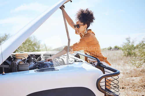 Image of Black woman car engine problem on road trip or outdoor holiday travel journey in Africa. Girl driver stop traveling, vacation and accident emergency assistance try fix or repair motor transportation