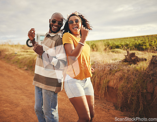 Image of Friends, fun and dance on vacation during travel in countryside in Texas on dirt road in summer. Black man and woman dancing, freedom and smile during journey, adventure and holiday in rural area