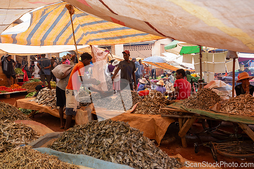 Image of Malagasy man buys dried fish at a street market. Fishing is one of the livelihoods in Madagascar.