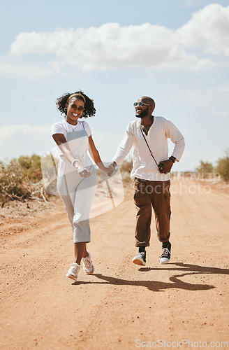 Image of Black couple on road trip, happy people walking on vacation and Los Angeles festival travel. Summer holiday, trendy fashion lifestyle and love happiness on happy outdoor desert adventure together