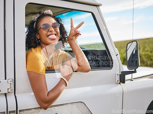 Image of Car, road trip and girl with sign of peace, crazy high energy and on fun transportation adventure in Australia countryside. Hands, travel journey and black woman happy and excited on safari excursion