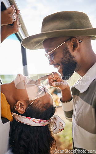 Image of Love, happy and black couple nose touch for playful road trip bonding moment together in nature. Black woman and African man in romantic relationship enjoy travel adventure fun in South Africa.