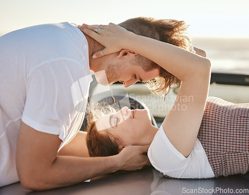 Image of Couple love in sunshine, bonding adventure and happy together, hugging and romantic roadtrip in summer. Man and woman smile, romance and affection, quality time and travel out in nature and sun.