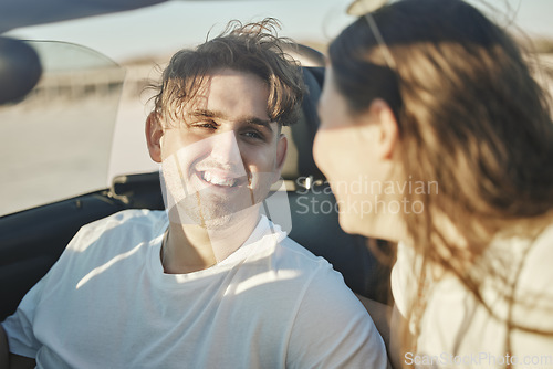 Image of Road trip, travel and car with a couple on holiday or vacation for romance, dating and affection together. Vehicle, transport and date with a young man and real woman taking a trip during summer