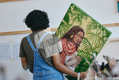 Image of Painting, woman artist and hanging canvas wall for exhibition, expo sale and gallery auction in Paris. Creative student, painter and designer project, creativity and talent in studio academy workshop