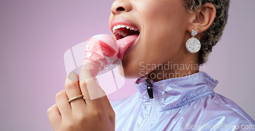 Image of Woman, ice cream and mouth while eating pink dessert with cone against studio background. Model, zoom and lick sorbet, snack or gelato for taste in summer with professional backdrop in Los Angeles