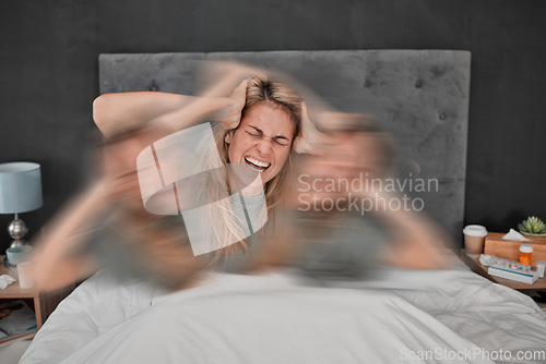 Image of Mental health, bipolar disorder and depressed woman in bed with blur motion showing sad, headache or frustrated suffering. Multiple personalities, stress and lady in pain, emotional and schizophrenia